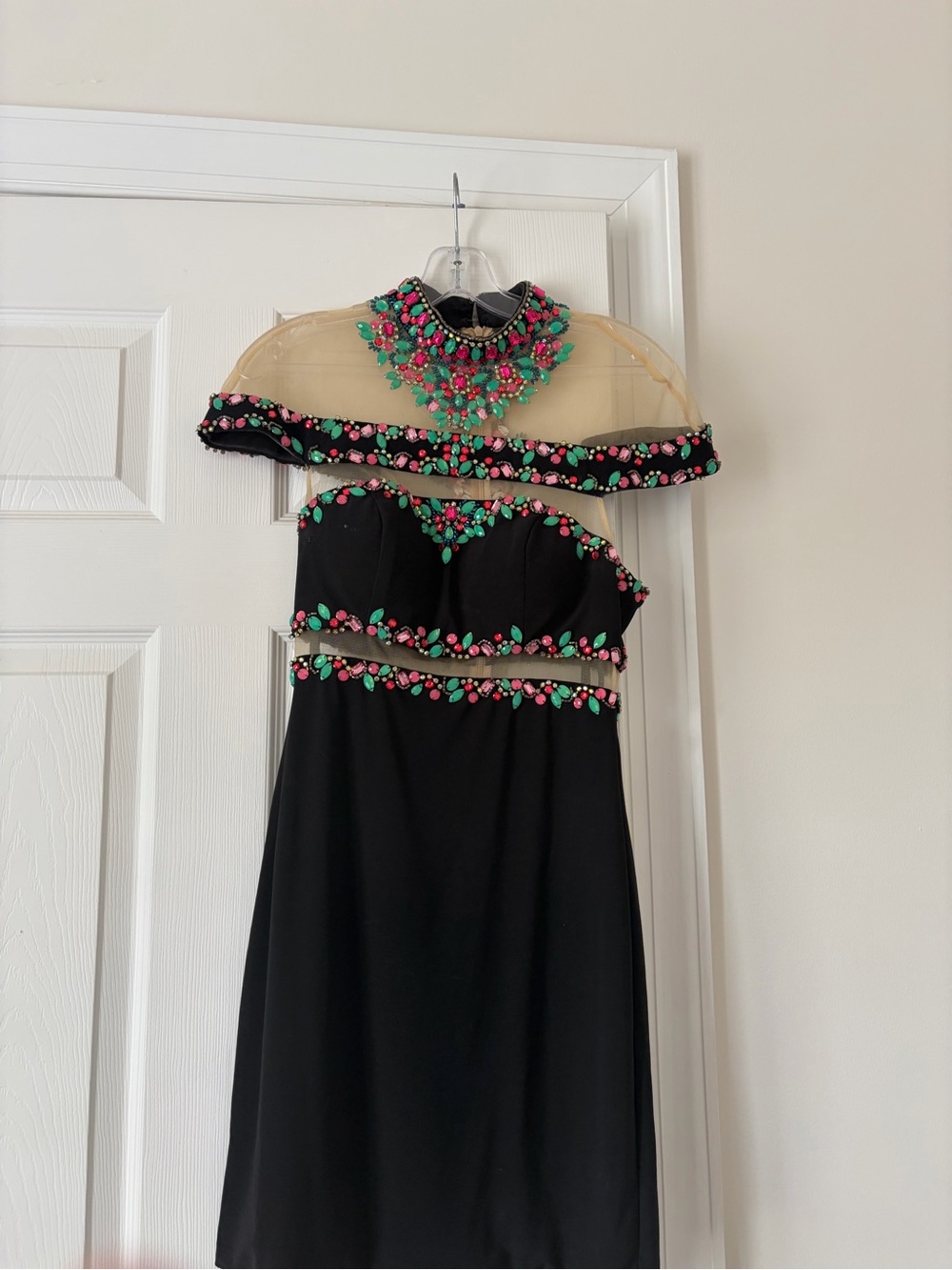 Rachel Allan Black Strapless Dress with Pink & Green Beading